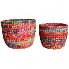 Grass & Recycled Sari Multicoloured Round Baskets - Set of 2