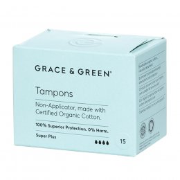 Grace & Green Organic Cotton Non-Applicator Tampons - Super Plus - Pack of 15