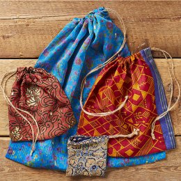Recycled Sari Gift Bags with Jute Drawstring - Set of 4