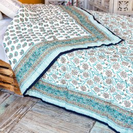 Block Printed Teal Floral Padded Quilt - 220cm x 270cm