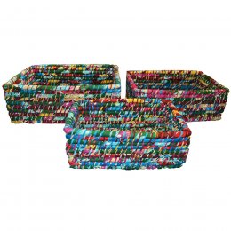 Grass & Recycled Sari Large Rectangle Baskets - Set of 3